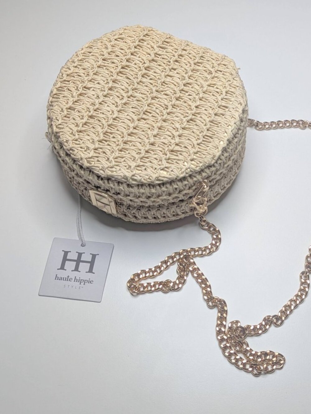 Haute Hippie Raffia Round Boho Flair Bag With Gold Chain Strap